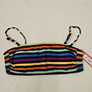 Xhilaration Ribbed Rainbow Striped Bandeau Bikini Top, Black- Large NEW!